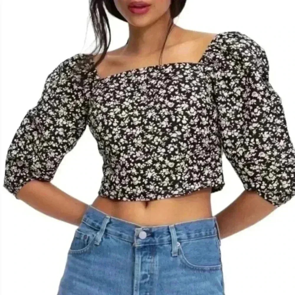 Levi's The Statement Top Slim Fit, Floral Print Puff Sleeve Top,Black/Yellow, M